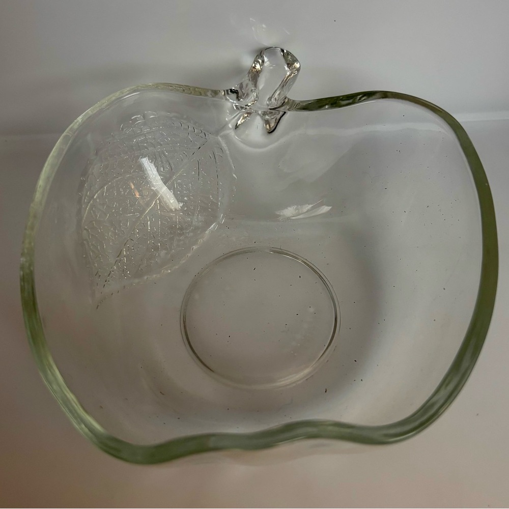 Vintage KIG Indonesia Clear Glass Crystal Apple Dish w/ Pressed Leaf